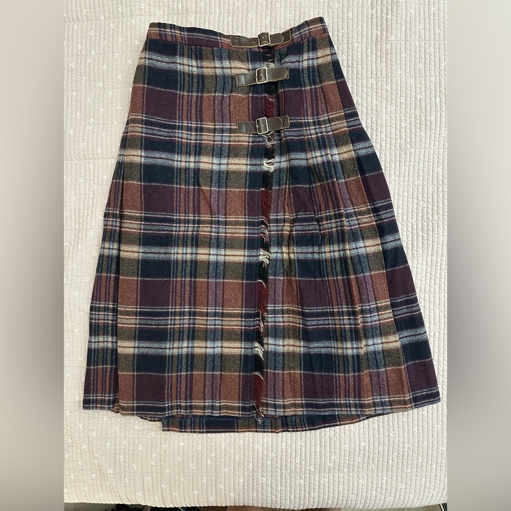 Vintage Wool Plaid Midi Skirt with Buckle Detail